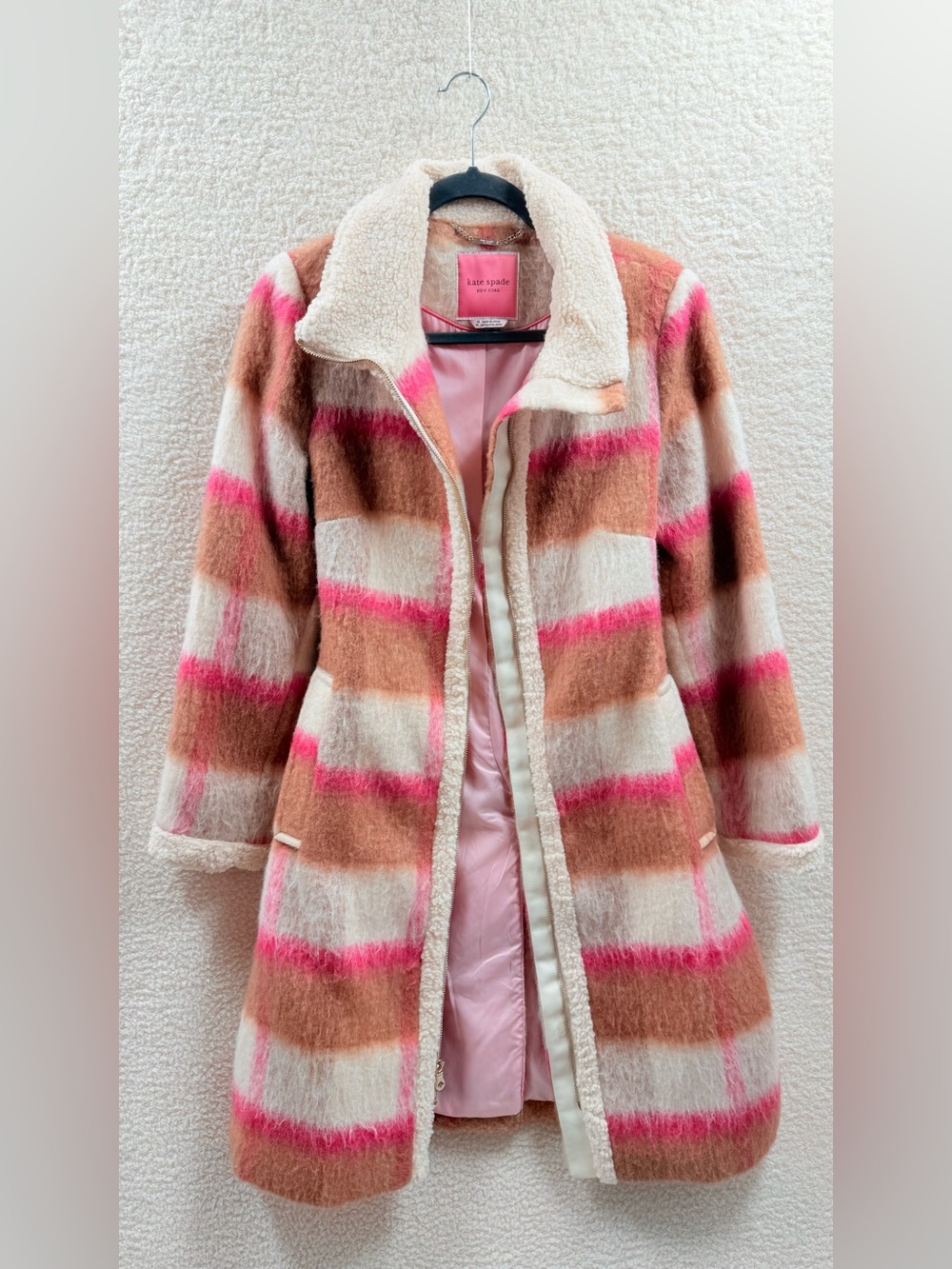 kate spade Pink, Camel,Cream and Pink plaid Shepra Wool Coat Size M